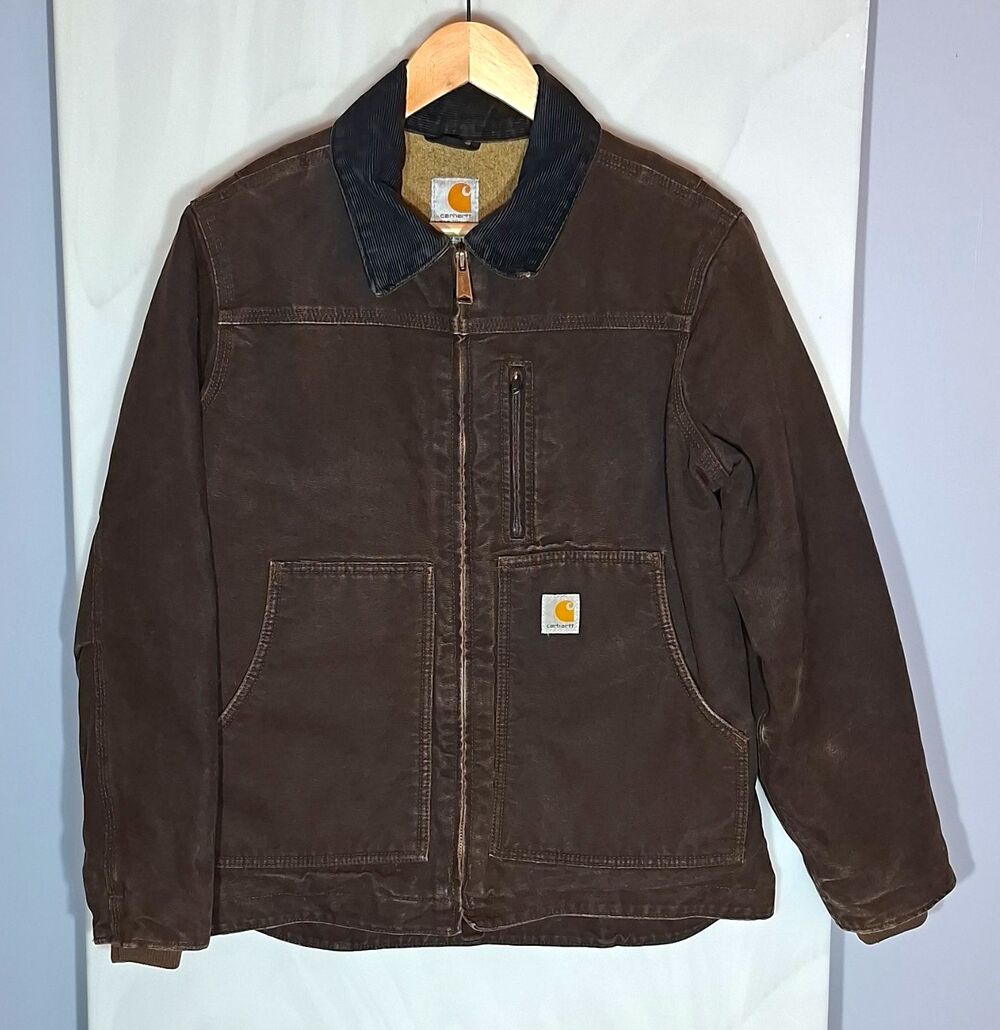 Carhartt Womens S WJ091 DKB Brown Canvas Sherpa Lined Distressed Y2K Work Jacket
